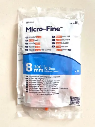 Strzykawka insulinowa  0,5 ml EMBECTA 0.30 mm (30G) x 8 mm U-100 - 10 szt 
